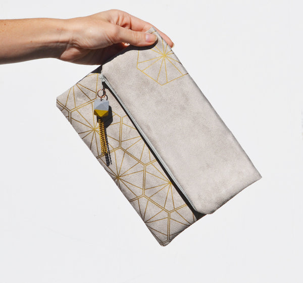 Grey Vegan Suede Fold Clutch with Gold honeycomb print